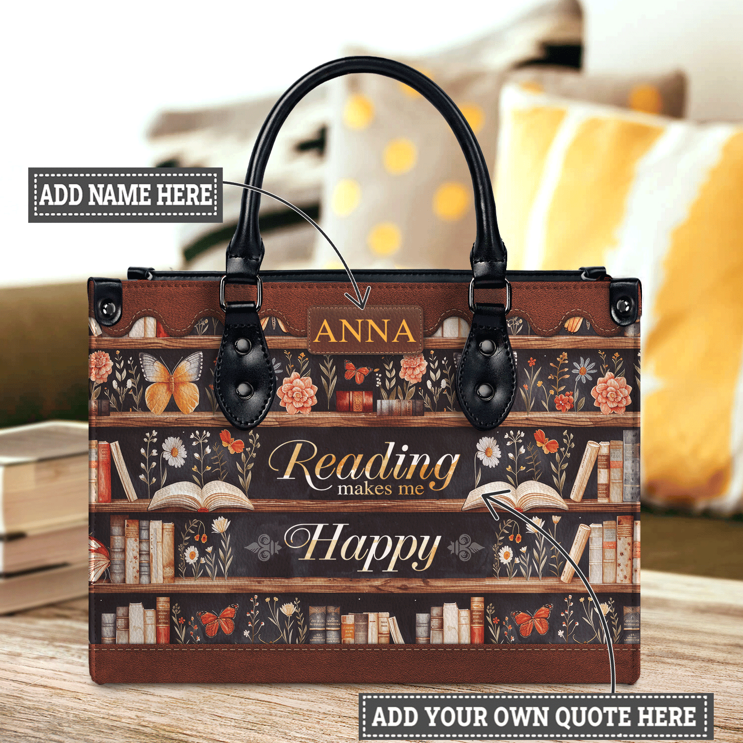Black Interior -  Custom Quote Bookshelf HTRZ29079978JK Leather Bag