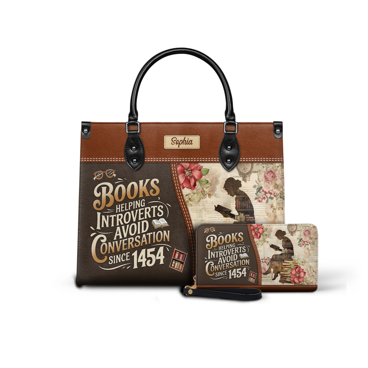 Black Interior -  Books Helping Introverts Avoid Conversation Since 1454 HHRZ25108182ZC Leather Bag