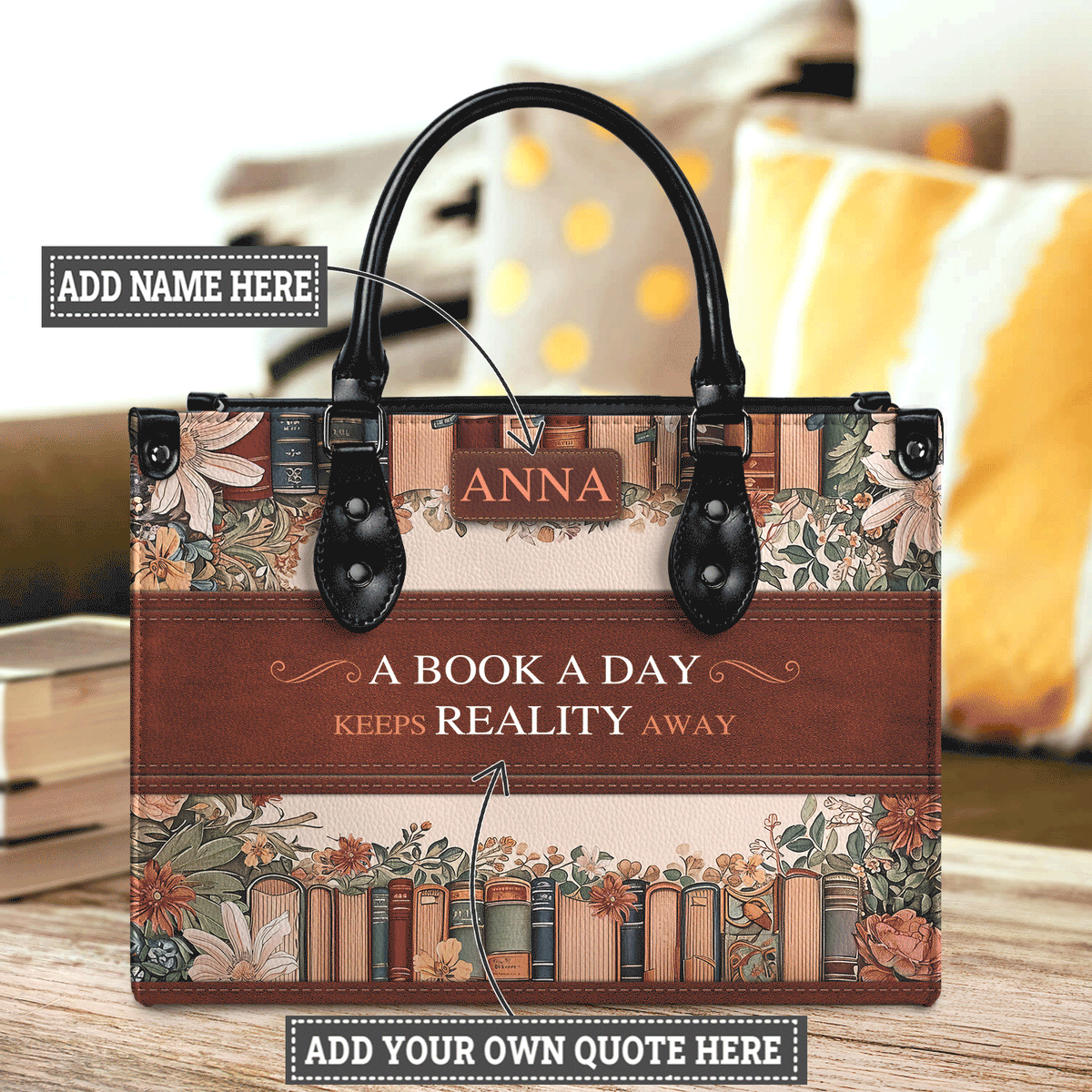 Black Interior -  Custom Quote Floral Bookshelf HTRZ29078209CA Leather Bag