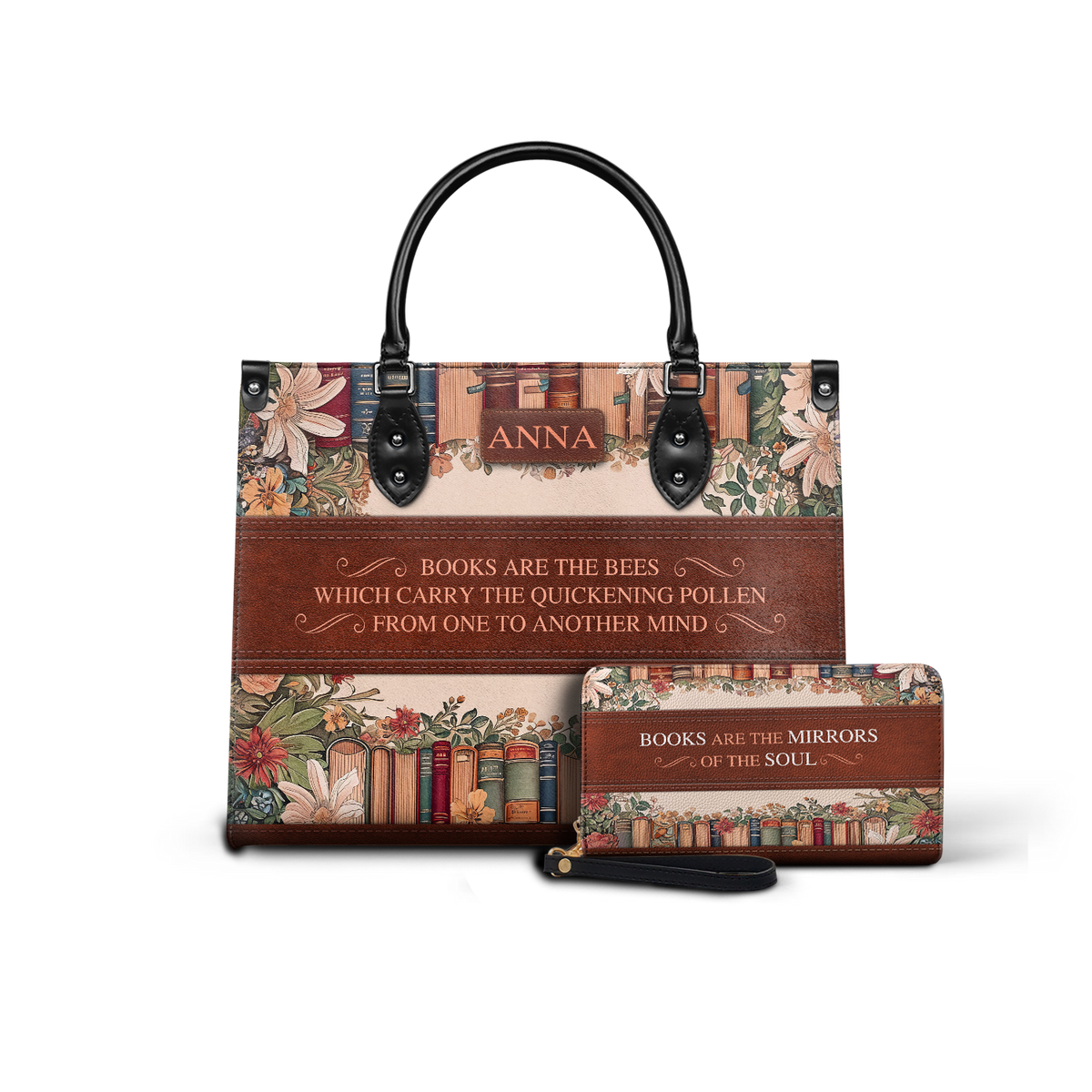 Black Interior -  Custom Quote Floral Bookshelf HTRZ29078209CA Leather Bag
