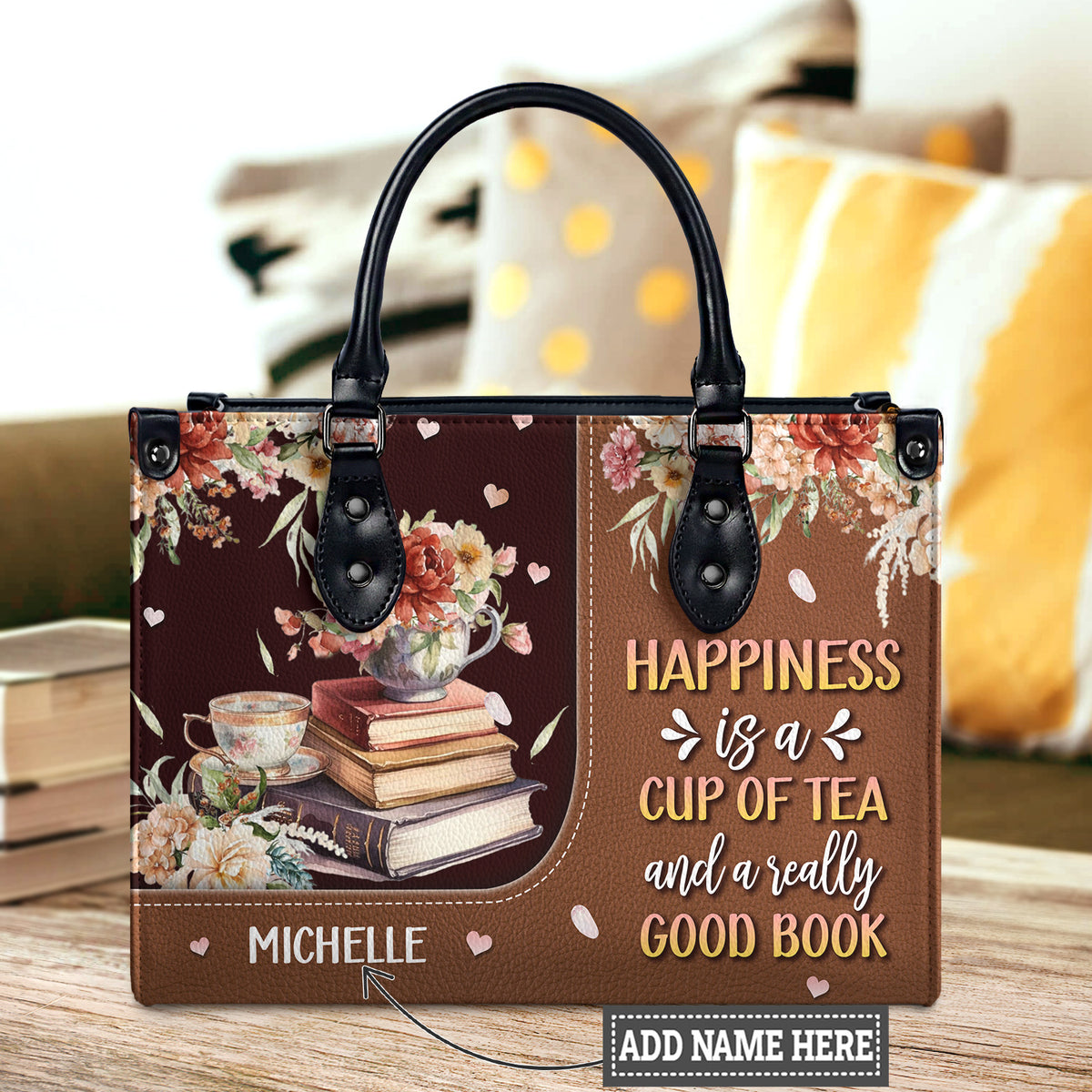 Black Interior -  Happiness Is A Cup Of Tea And A Really Good Book HTRZ20119150MI Leather Bag