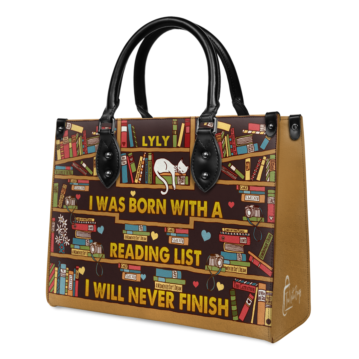 Black Interior -  I Was Born With A Reading List I Will Never Finish HHRZ1902001A Leather Bag