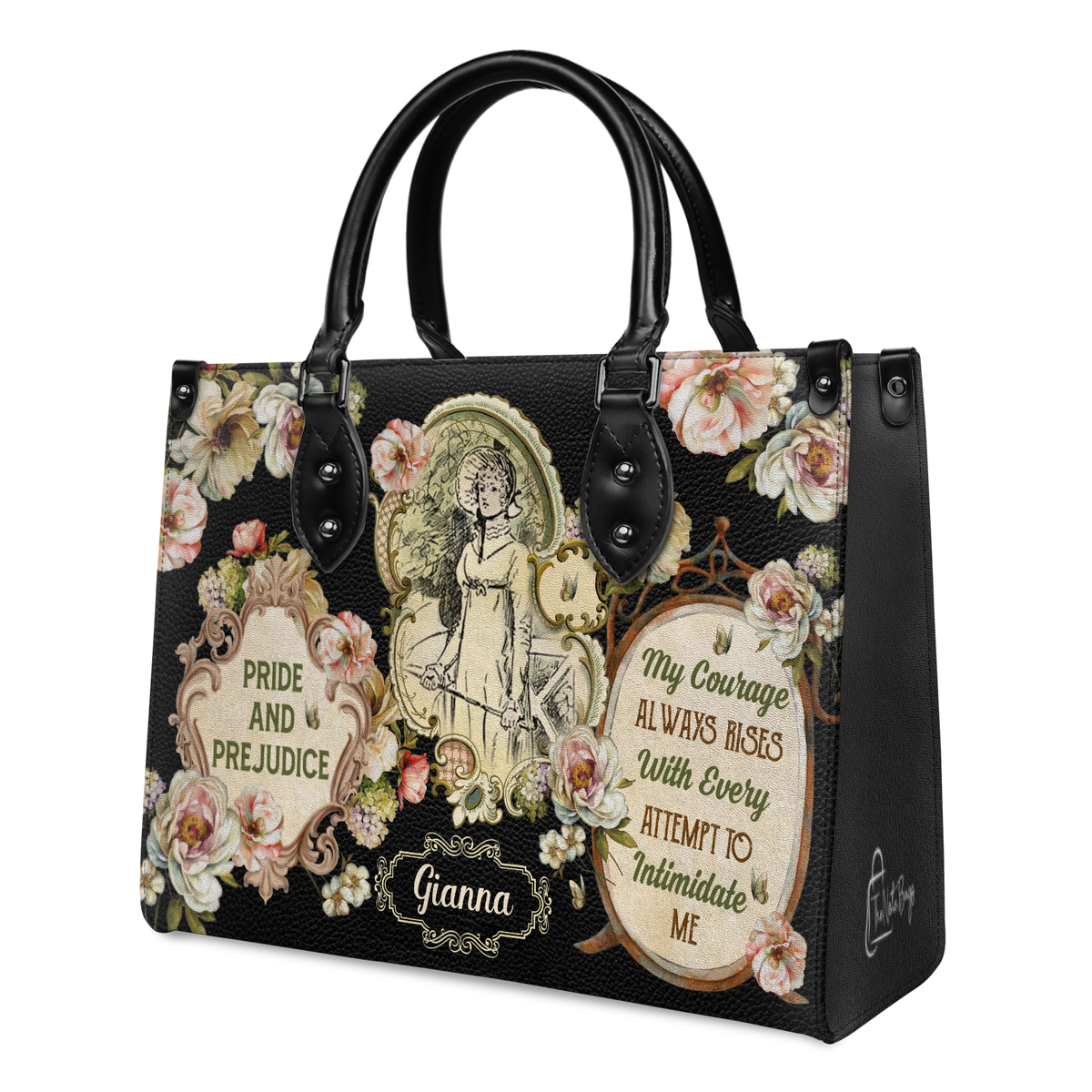 Black Interior -  Pride And Prejudice My Courage Always Rises With Every Attempt To Intimidate Me NQAY0903005A Leather Bag