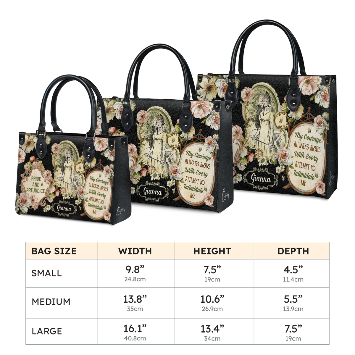 Black Interior -  Pride And Prejudice My Courage Always Rises With Every Attempt To Intimidate Me NQAY0903005A Leather Bag