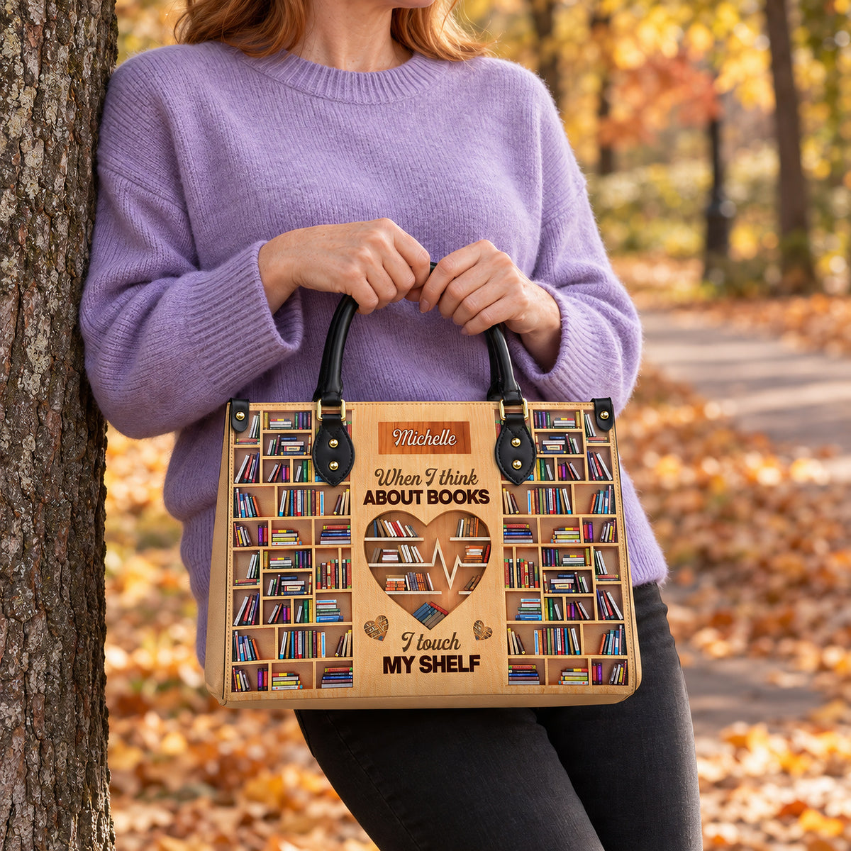 When I Think About Books I Touch My Shelf DNRZ1802001A Leather Bag