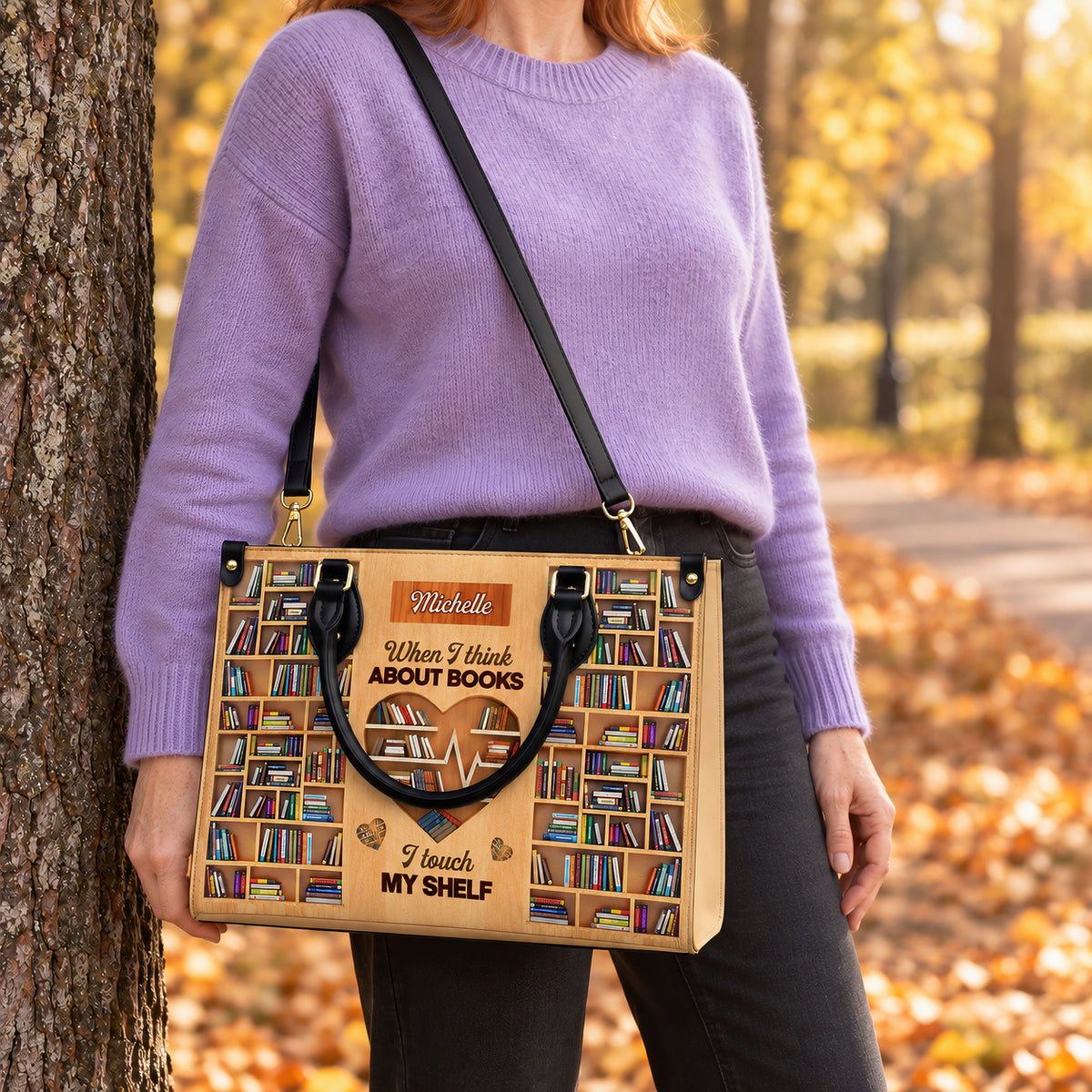 When I Think About Books I Touch My Shelf DNRZ1802001A Leather Bag