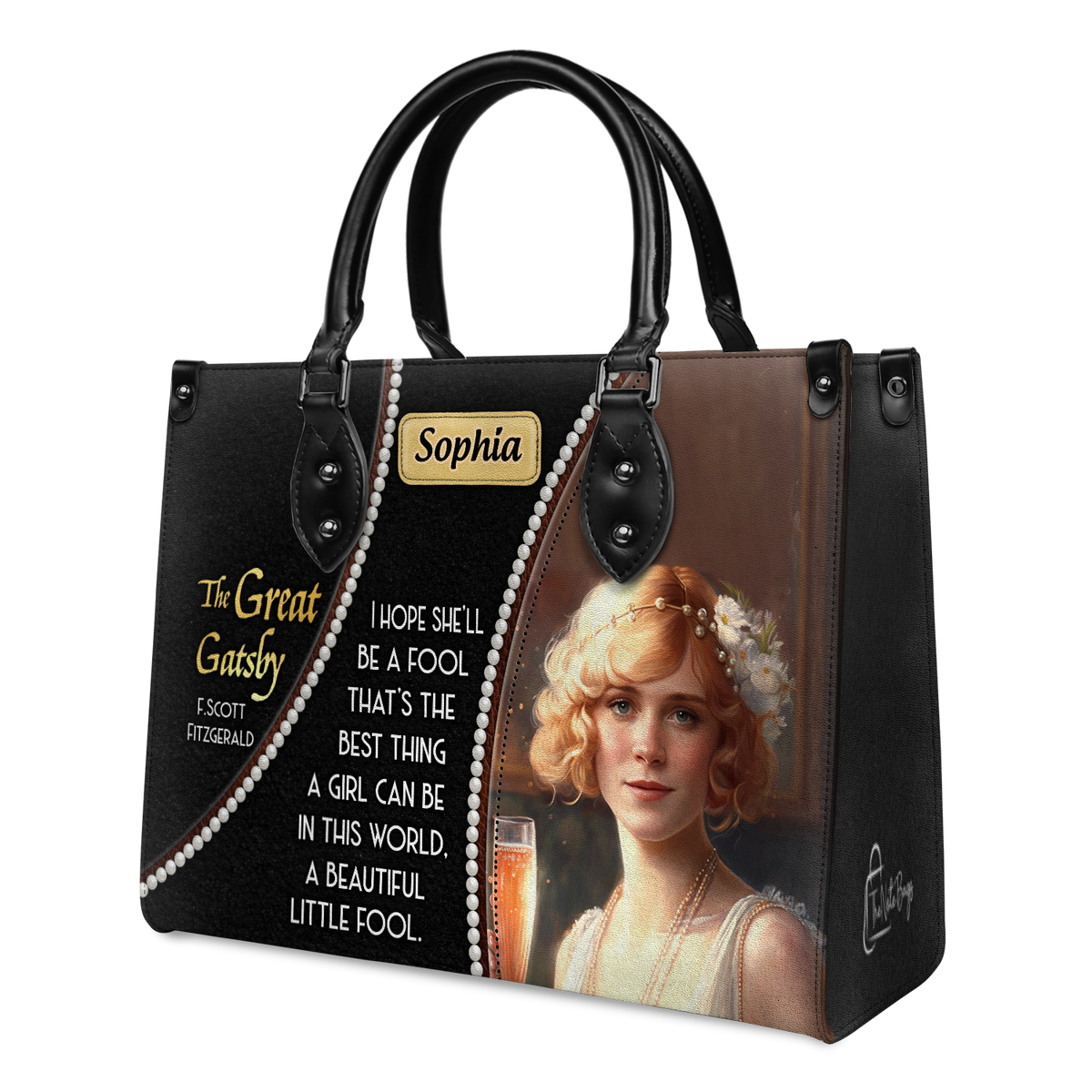 Black Interior -  The Great Gatsby F Scott Fitzgerald Daisy A Beautiful Little Fool TTLZ2202001A Leather Bag