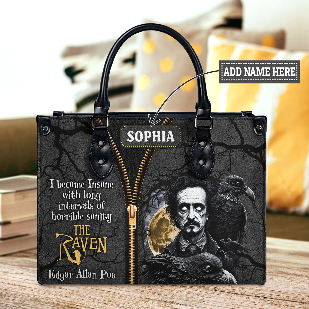 Black Interior -  The Raven Edgar Allan Poe I Become Insane With Long Intervals Of Horrible Sanity TTLZ2102001A Leather Bag
