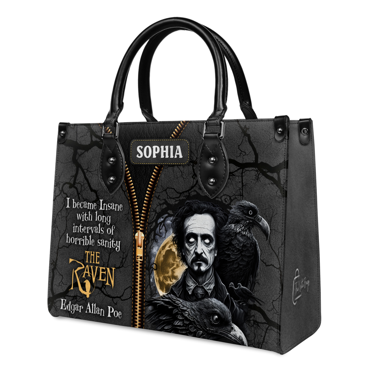Black Interior -  The Raven Edgar Allan Poe I Become Insane With Long Intervals Of Horrible Sanity TTLZ2102001A Leather Bag