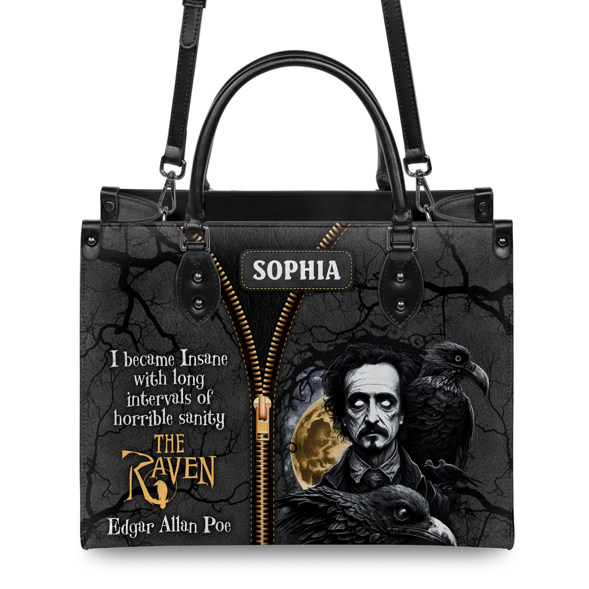 Black Interior -  The Raven Edgar Allan Poe I Become Insane With Long Intervals Of Horrible Sanity TTLZ2102001A Leather Bag