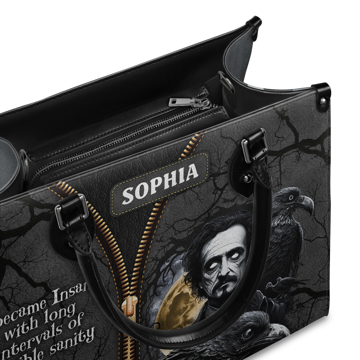Black Interior -  The Raven Edgar Allan Poe I Become Insane With Long Intervals Of Horrible Sanity TTLZ2102001A Leather Bag