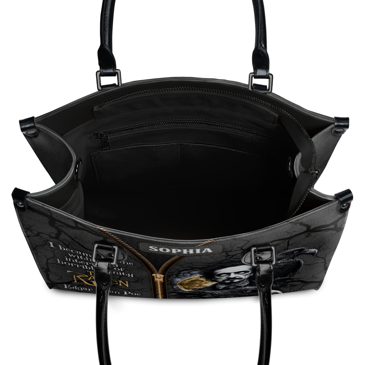 Black Interior -  The Raven Edgar Allan Poe I Become Insane With Long Intervals Of Horrible Sanity TTLZ2102001A Leather Bag