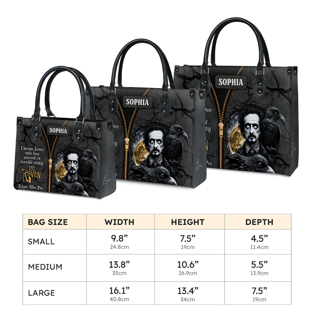 Black Interior -  The Raven Edgar Allan Poe I Become Insane With Long Intervals Of Horrible Sanity TTLZ2102001A Leather Bag