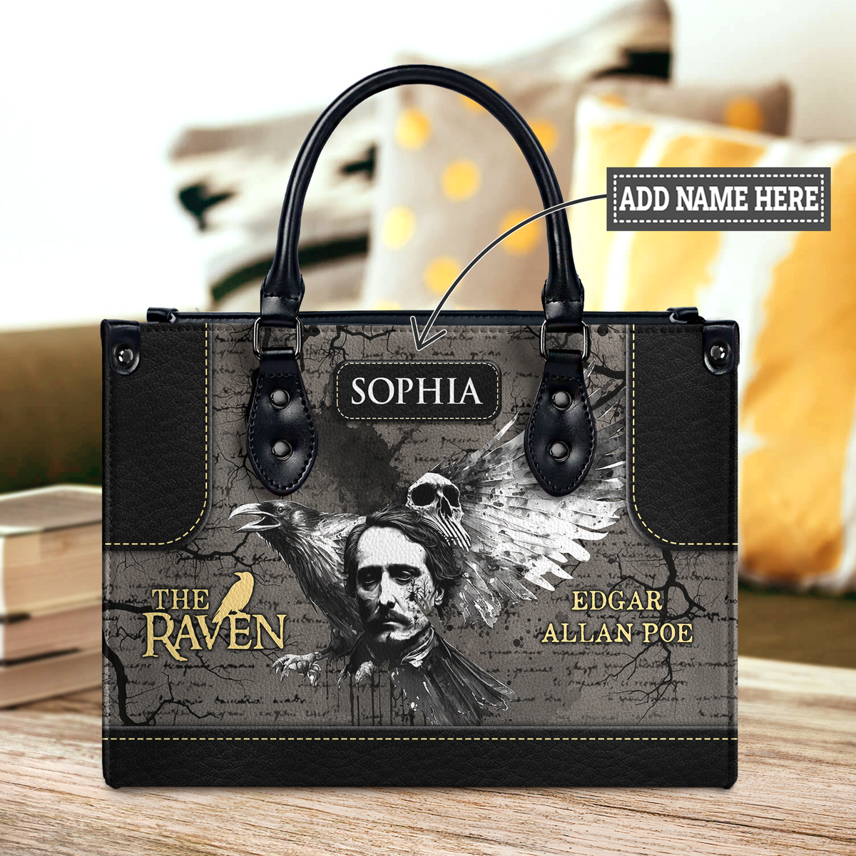 Black Interior -  The Raven Edgar Allan Poe Skull Gothic TTLZ2102002A Leather Bag