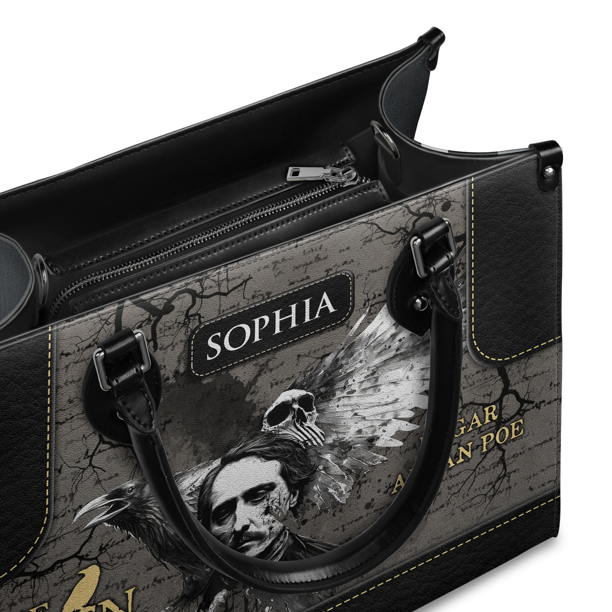Black Interior -  The Raven Edgar Allan Poe Skull Gothic TTLZ2102002A Leather Bag