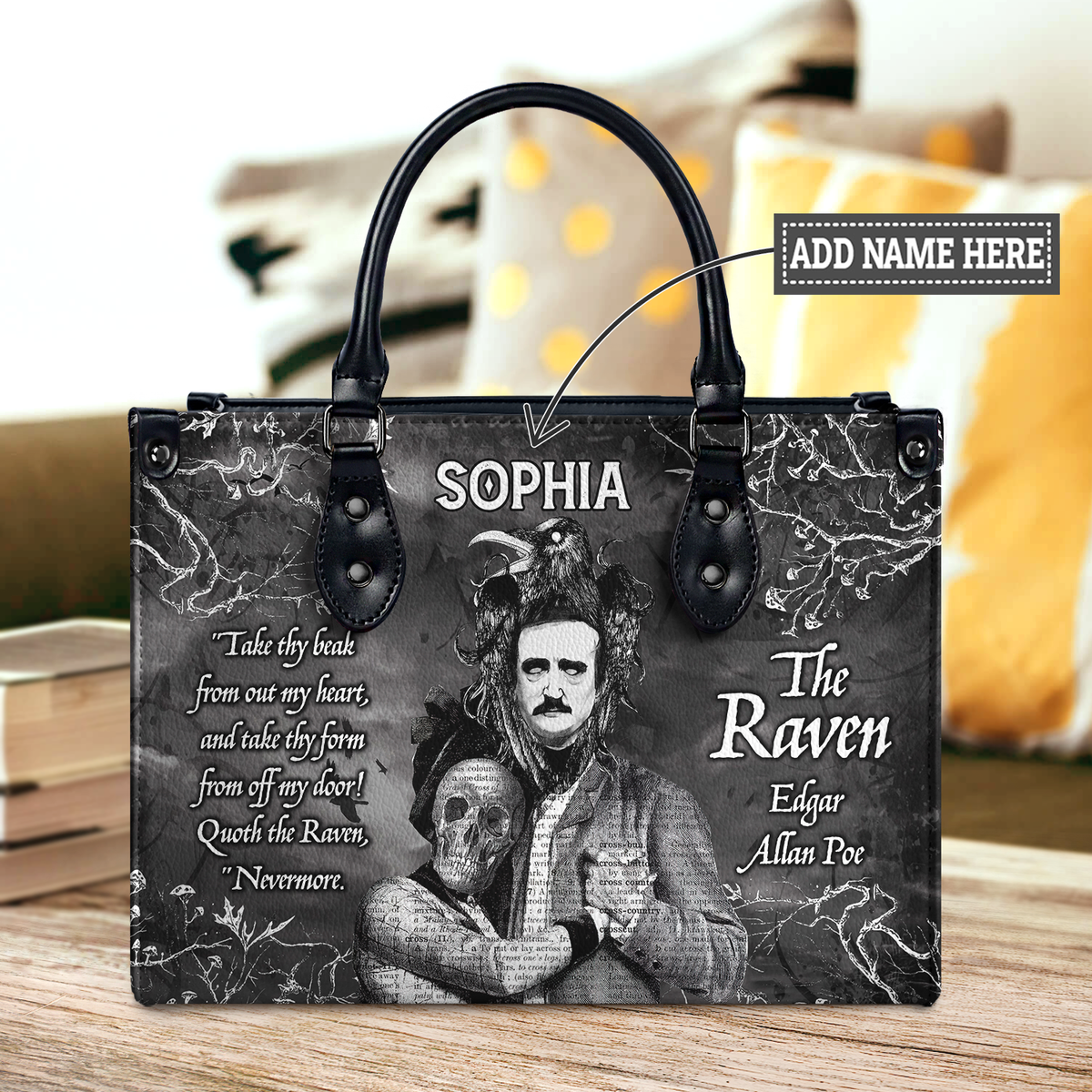 Black Interior -  The Raven Edgar Allan Poe Take Thy Break From Out My Heart TTLZ2102003A Leather Bag