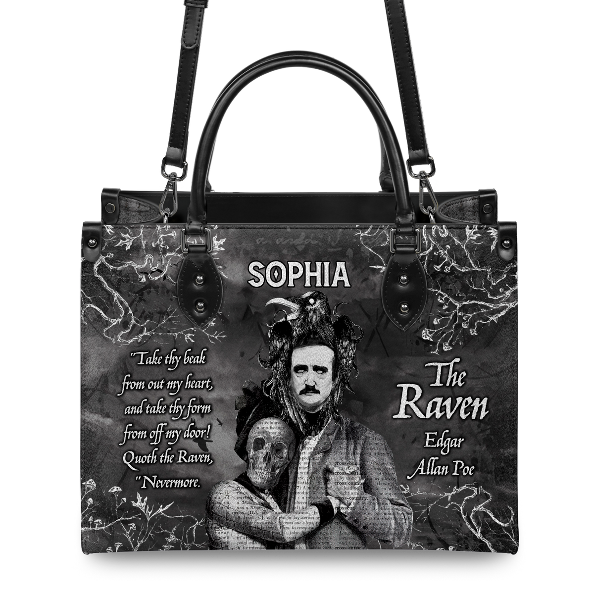 Black Interior -  The Raven Edgar Allan Poe Take Thy Break From Out My Heart TTLZ2102003A Leather Bag