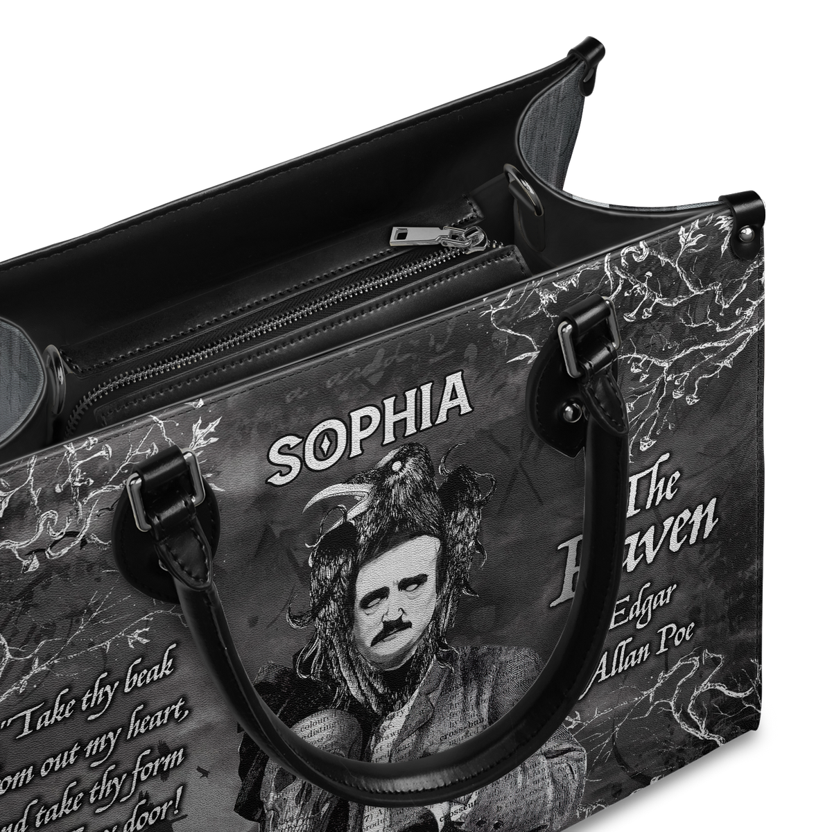 Black Interior -  The Raven Edgar Allan Poe Take Thy Break From Out My Heart TTLZ2102003A Leather Bag