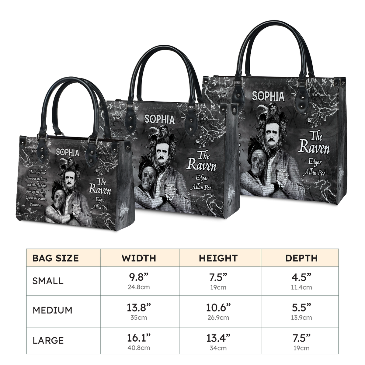 Black Interior -  The Raven Edgar Allan Poe Take Thy Break From Out My Heart TTLZ2102003A Leather Bag