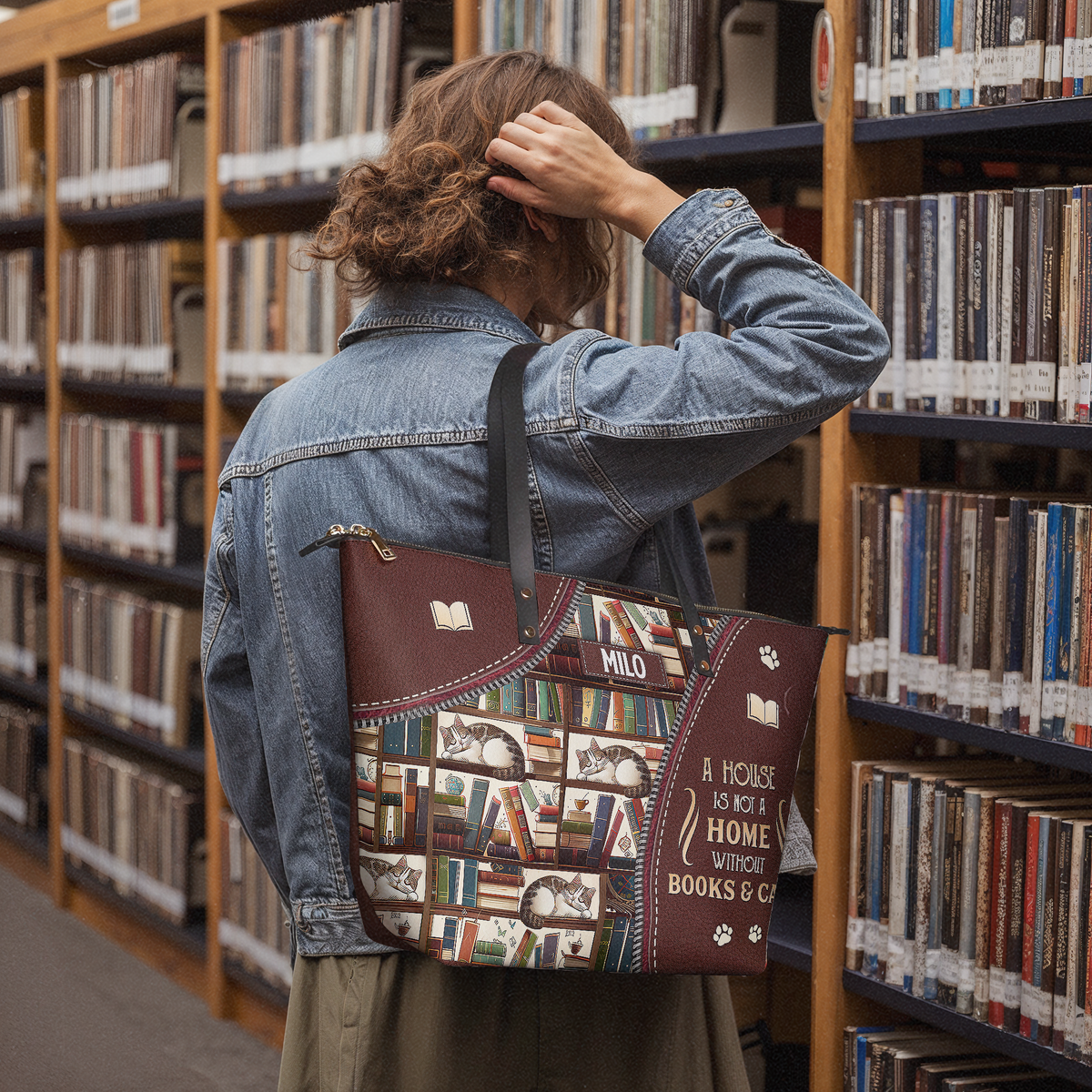 A House Is Not A Home Without Books And Cats TTRZ28109974NK Leather Tote Bag