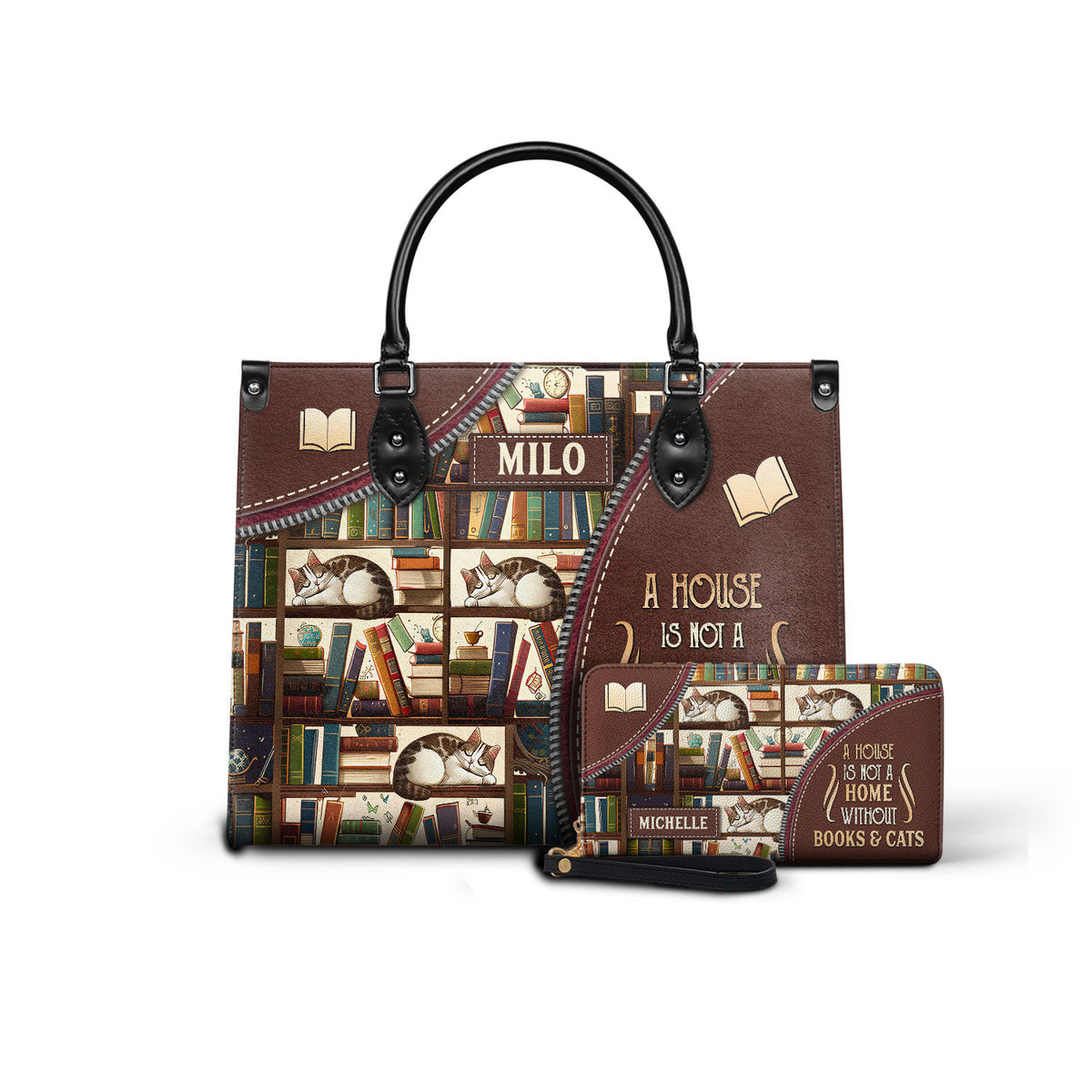 Black Interior -  A House Is Not A Home Without Books And Cats DNRZ1802003A Leather Bag