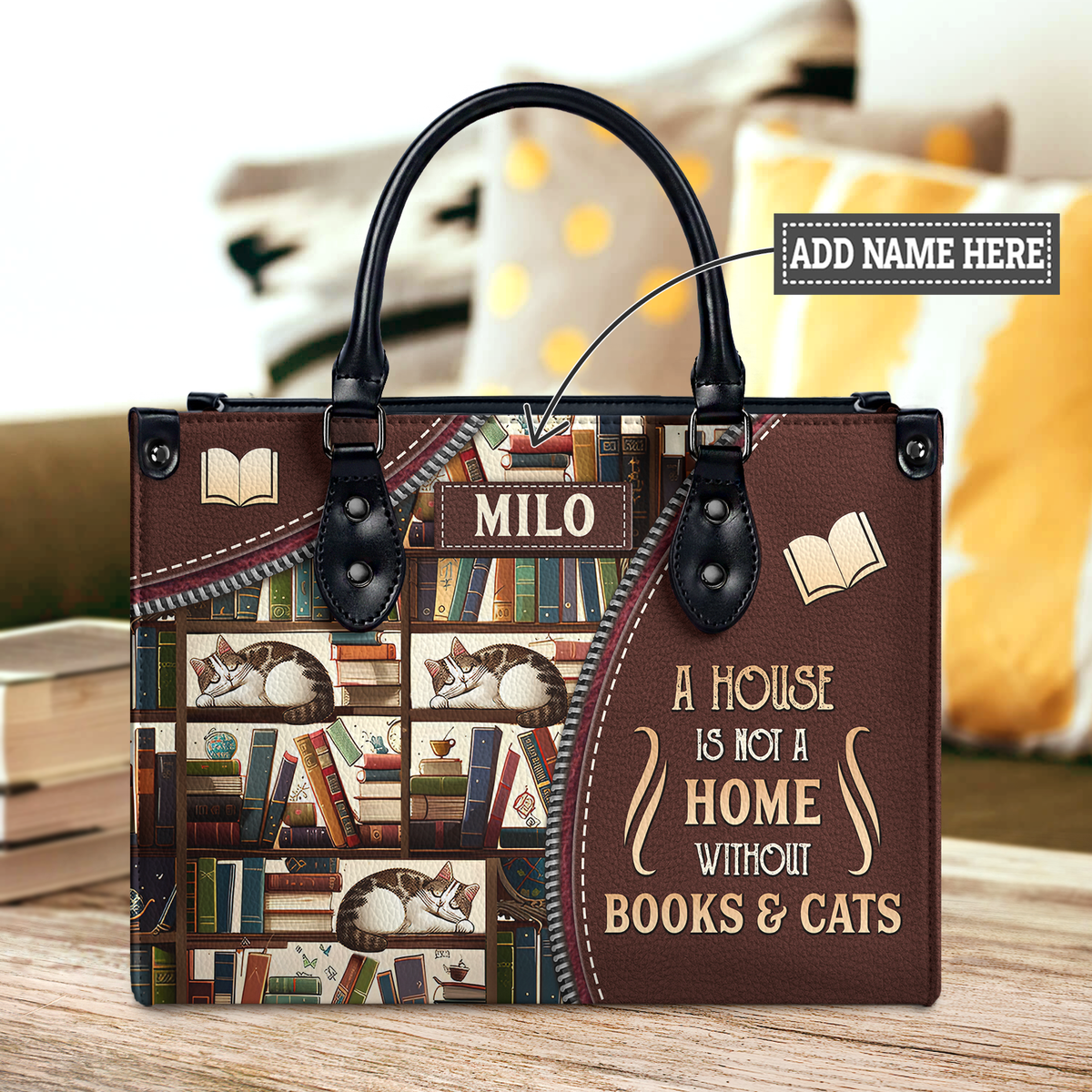 Black Interior -  A House Is Not A Home Without Books And Cats DNRZ1802003A Leather Bag