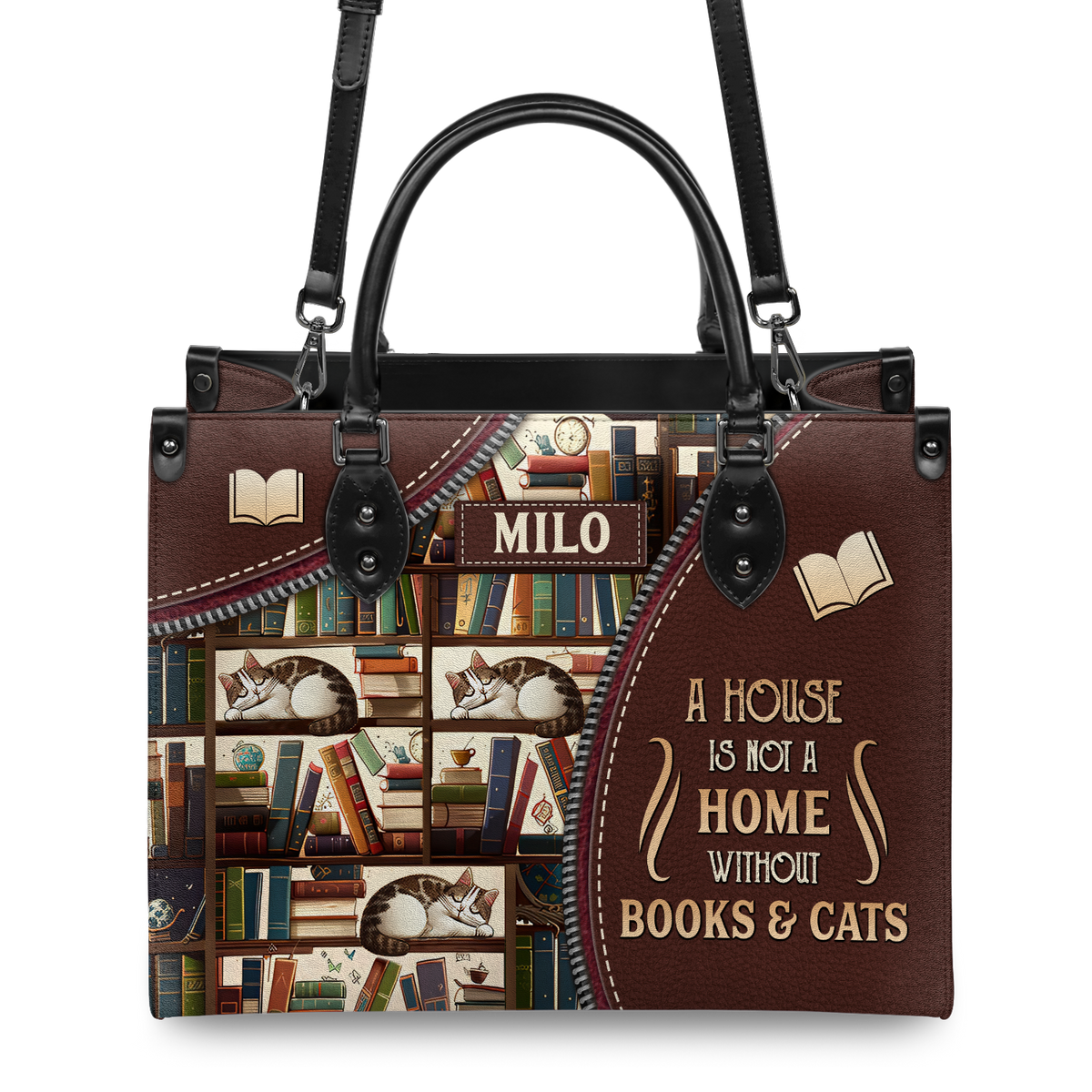 Black Interior -  A House Is Not A Home Without Books And Cats DNRZ1802003A Leather Bag
