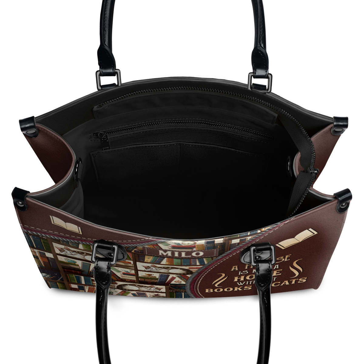 Black Interior -  A House Is Not A Home Without Books And Cats DNRZ1802003A Leather Bag