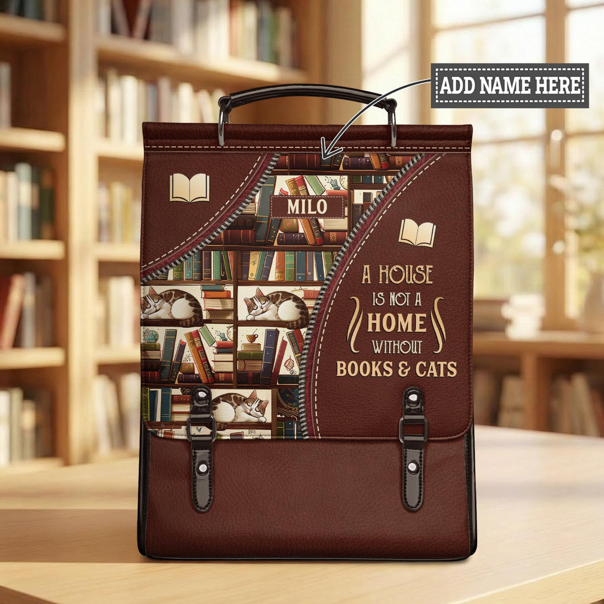 A House Is Not A Home Without Books And Cats NNRZ12015637YE Leather Backpack