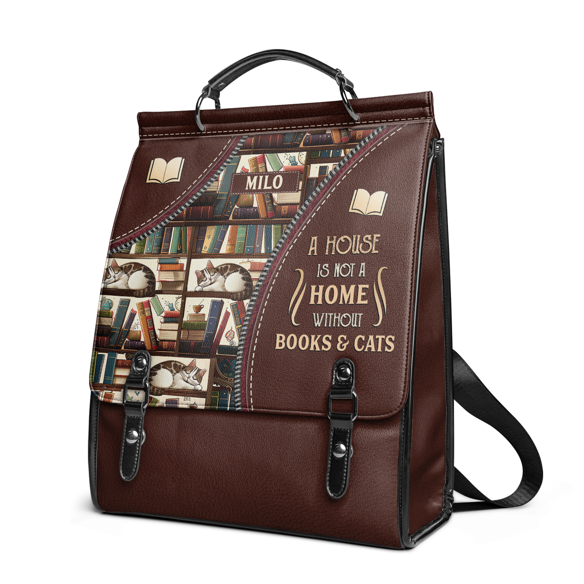 A House Is Not A Home Without Books And Cats NNRZ12015637YE Leather Backpack