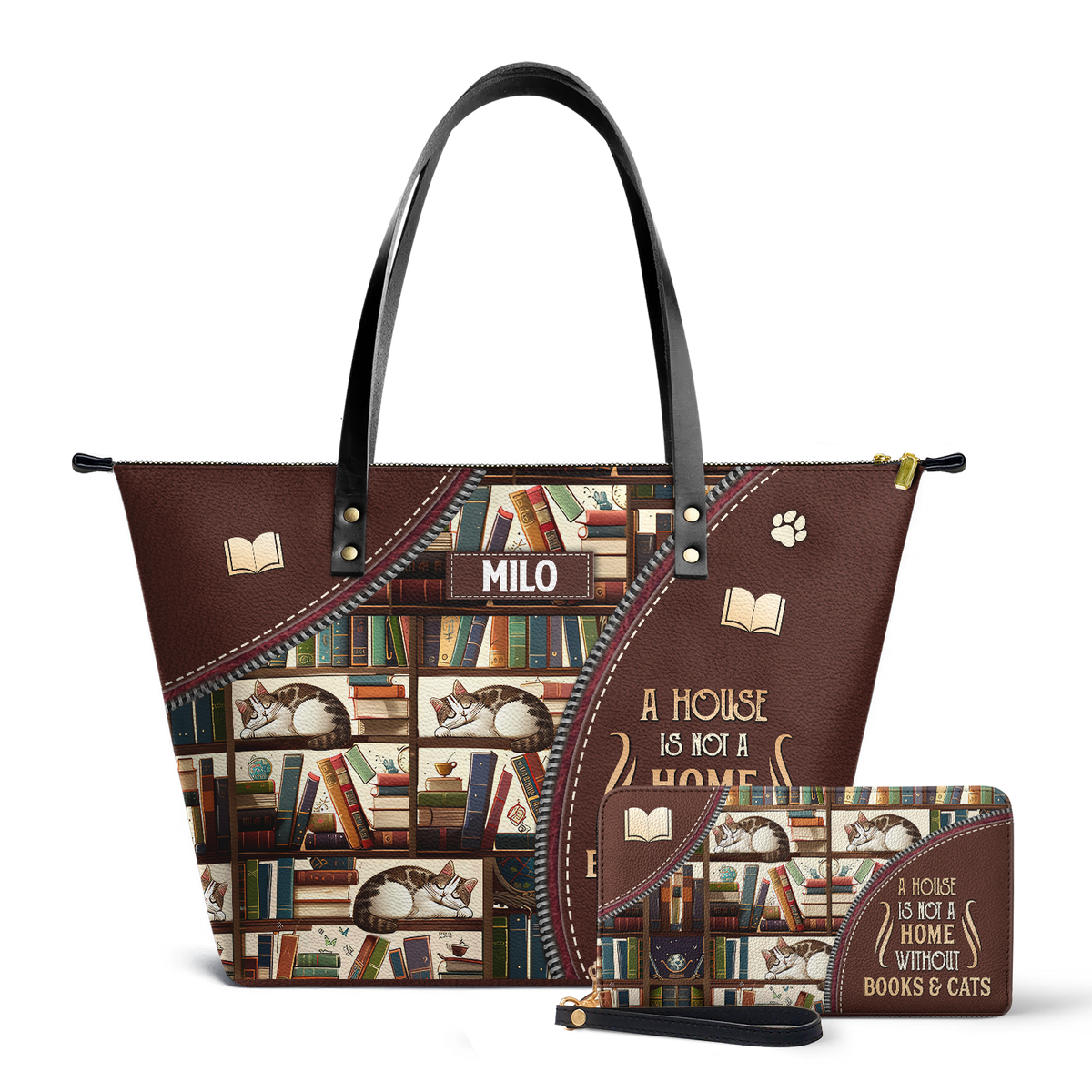 A House Is Not A Home Without Books And Cats TTRZ28109974NK Leather Tote Bag