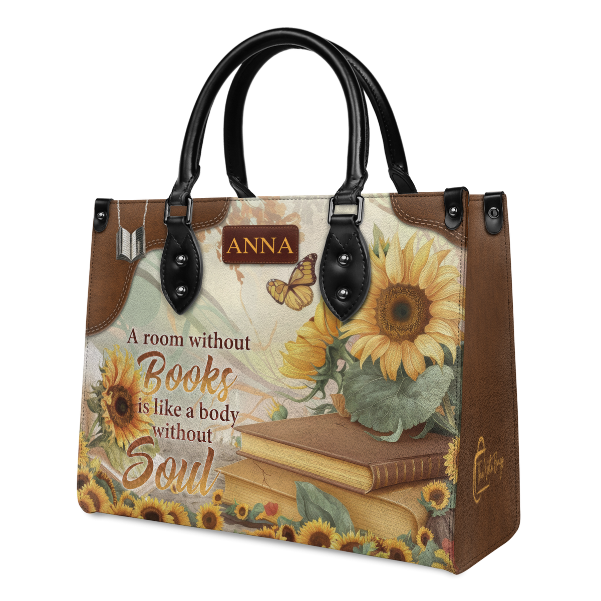 Black Interior -  Custom Quote Sunflower HTRZ29072526MN Leather Bag
