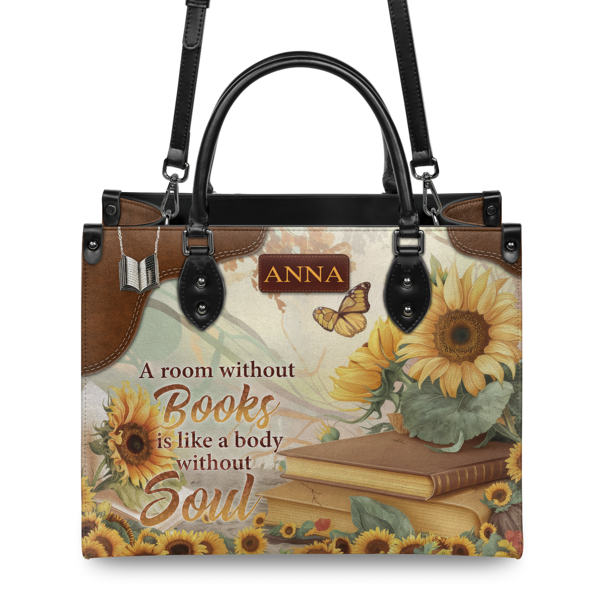 Black Interior -  Custom Quote Sunflower HTRZ29072526MN Leather Bag