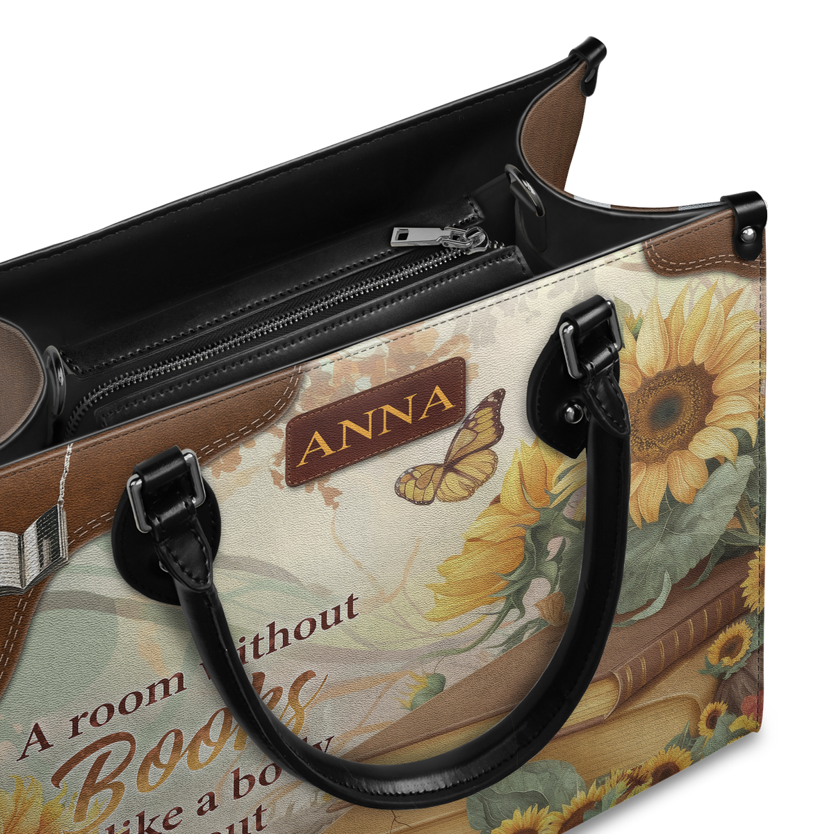 Black Interior -  Custom Quote Sunflower HTRZ29072526MN Leather Bag