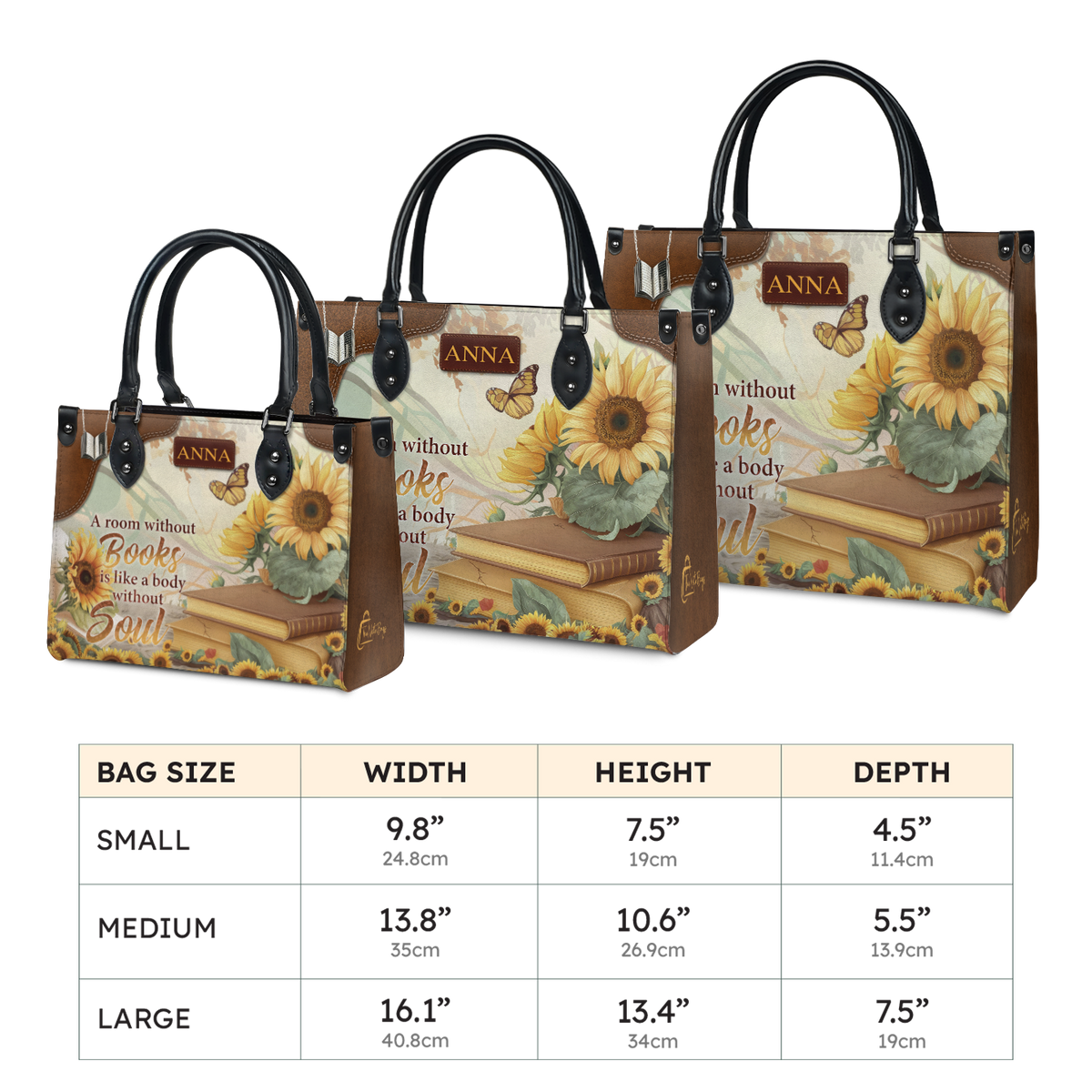Black Interior -  Custom Quote Sunflower HTRZ29072526MN Leather Bag