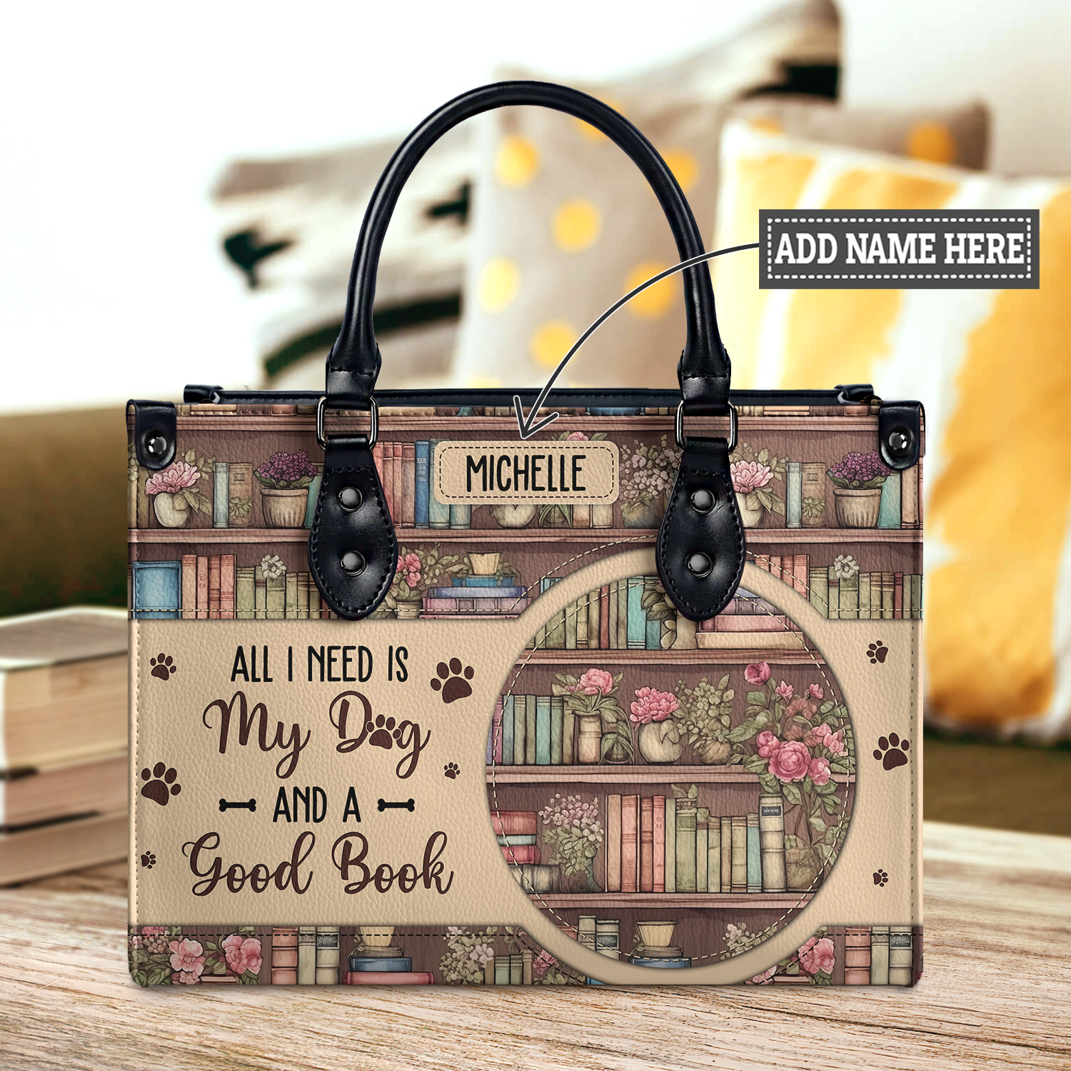 Black Interior -  All I Need Is My Dog And A Good Book HHRZ03083656MD Leather Bag