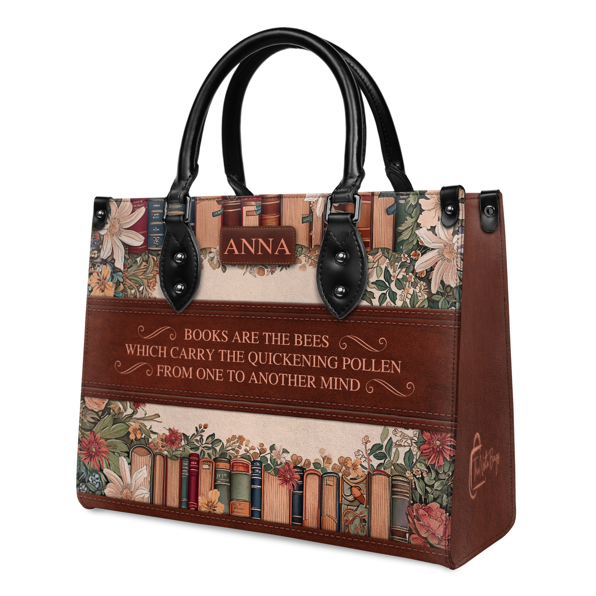 Black Interior -  Custom Quote Floral Bookshelf HTRZ29078209CA Leather Bag