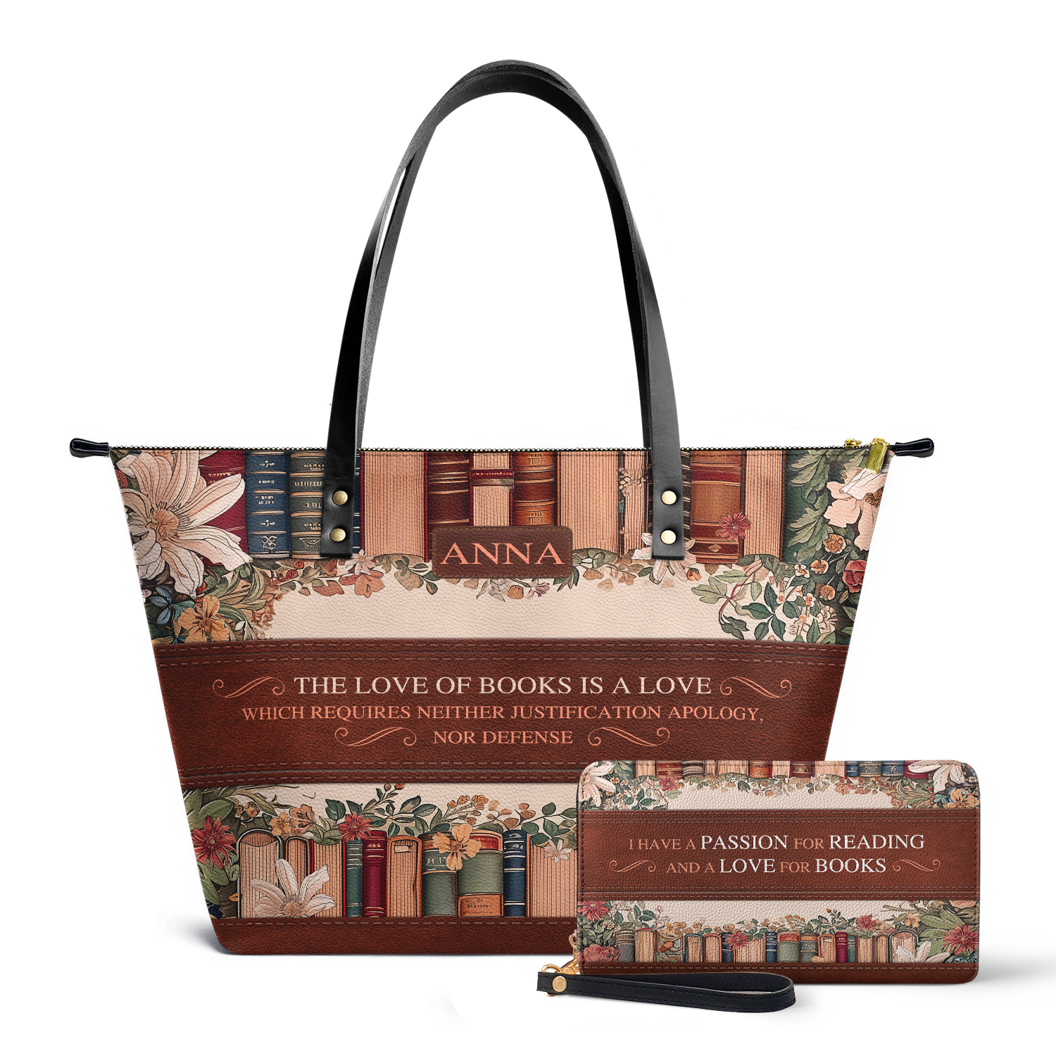 Custom Quote Floral Bookshelf TTRZ30107188VS Leather Tote Bag