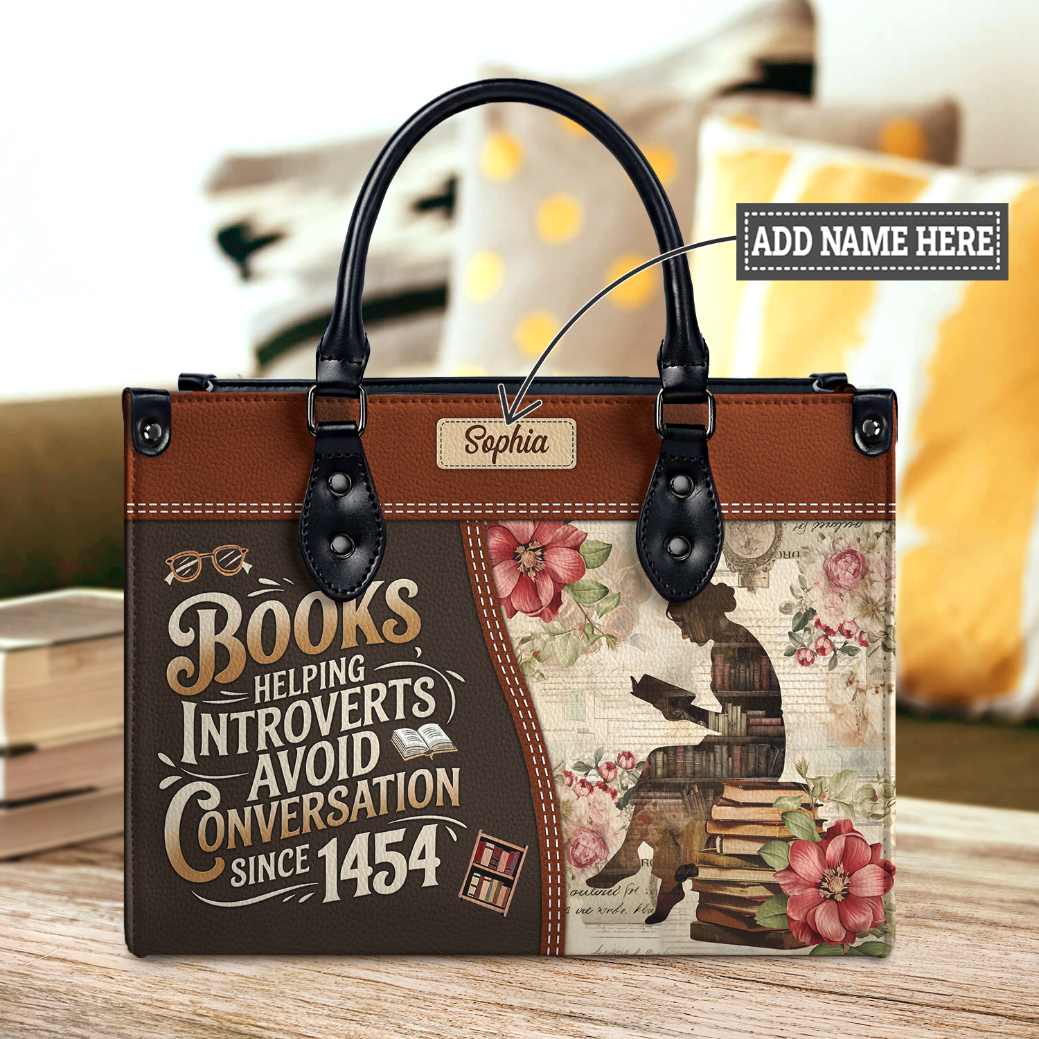 Black Interior -  Books Helping Introverts Avoid Conversation Since 1454 HHRZ25108182ZC Leather Bag