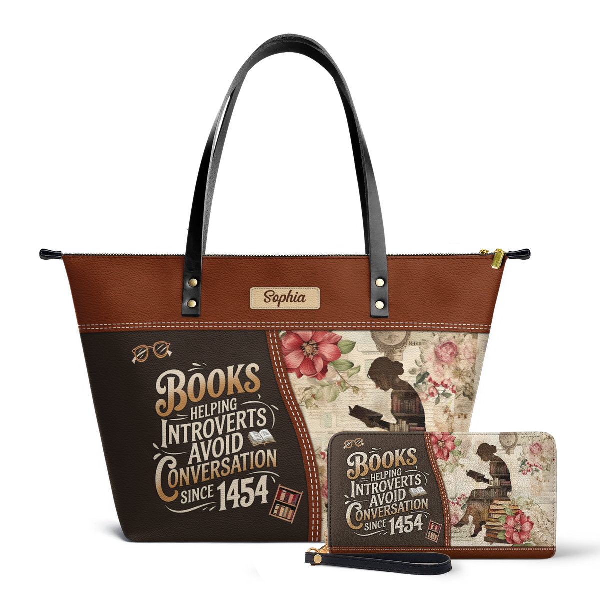 Books Helping Introverts Avoid Conversation Since 1454 TTRZ28103119YR Leather Tote Bag