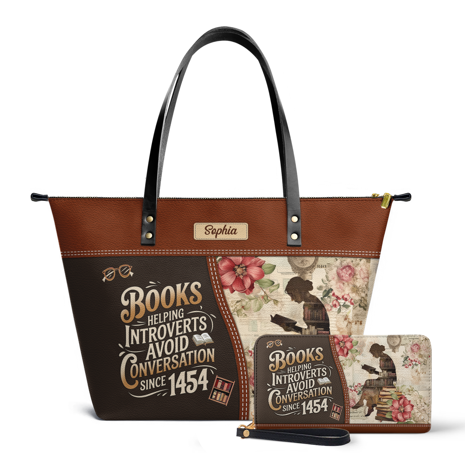 Books Helping Introverts Avoid Conversation Since 1454 TTRZ28103119YR Leather Tote Bag