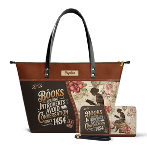Books Helping Introverts Avoid Conversation Since 1454 TTRZ28103119YR Leather Tote Bag