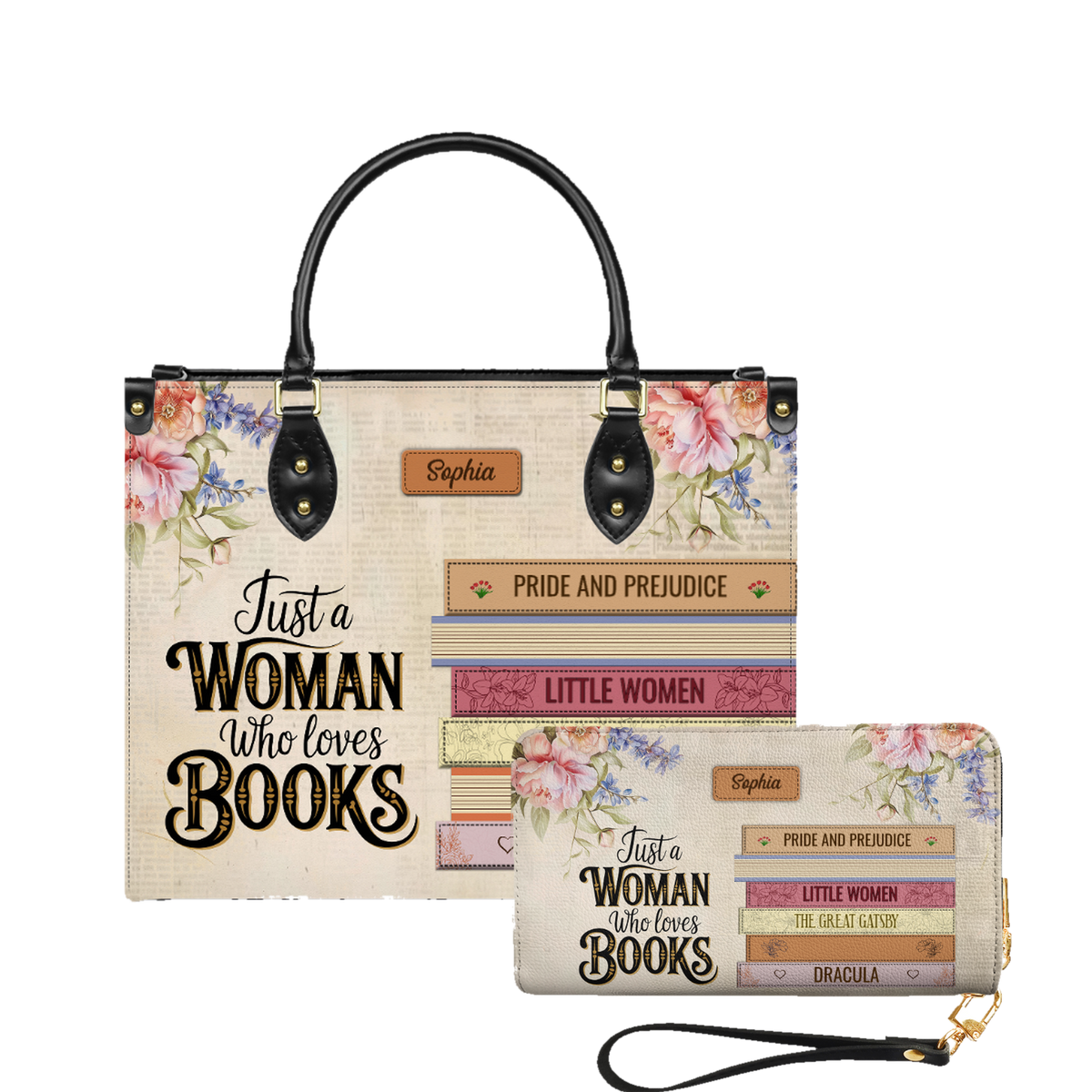 Custom Bookshelf Just A Woman Who Loves Books leather bag and matching zip around wallet