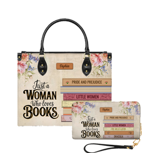 Custom Bookshelf Just A Woman Who Loves Books leather bag and matching zip around wallet