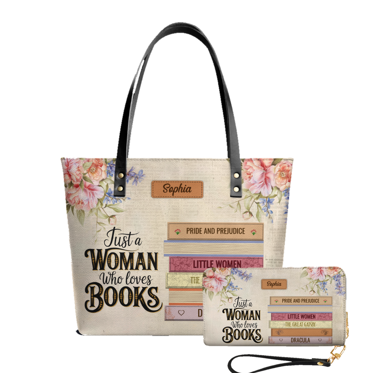 Custom Bookshelf Just A Woman Who Loves Books leather tote bag and matching zip around wallet