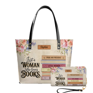 Custom Bookshelf Just A Woman Who Loves Books leather tote bag and matching zip around wallet