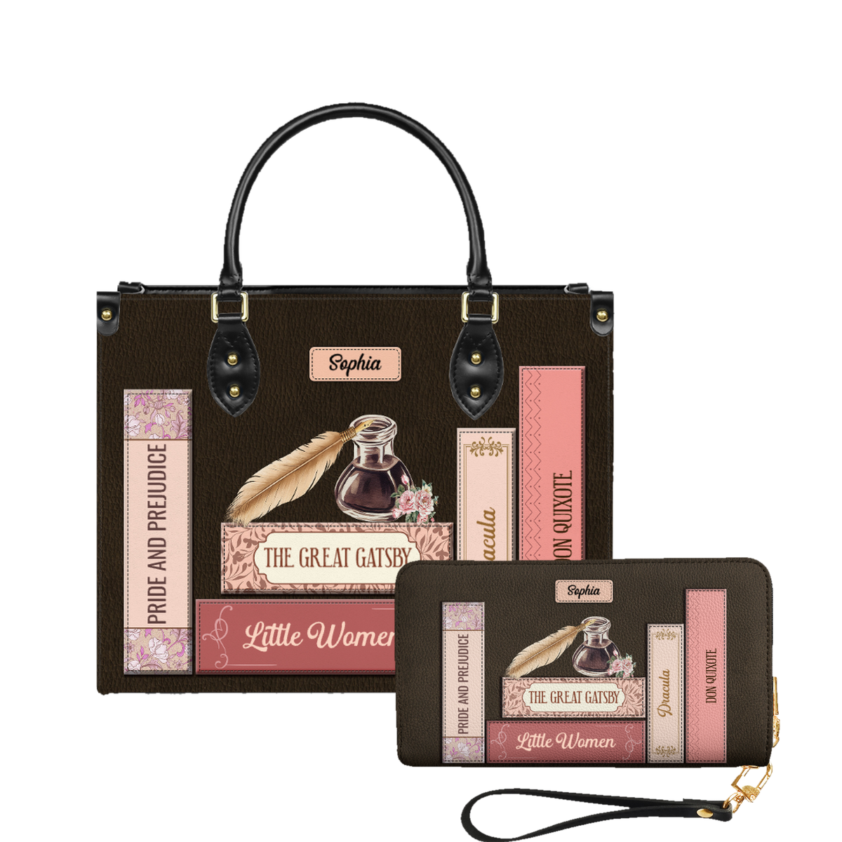 Custom Bookshelf leather bag and matching zip around wallet