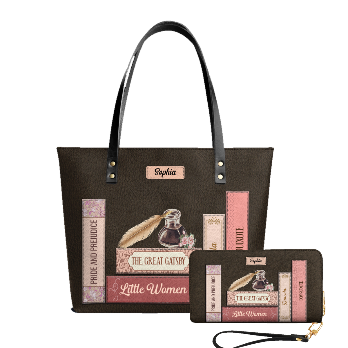Custom Bookshelf leather tote bag and matching zip around wallet