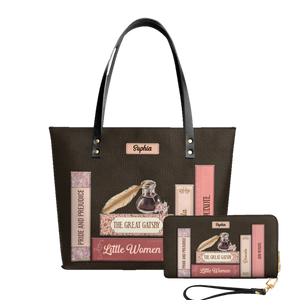 Custom Bookshelf leather tote bag and matching zip around wallet