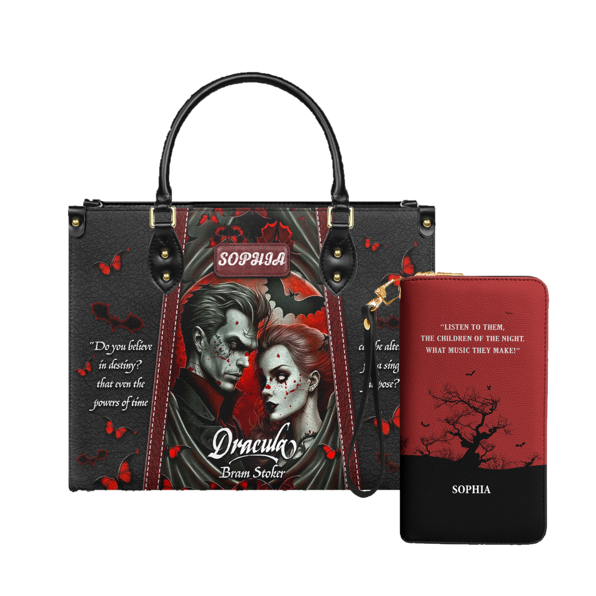 Dracula Bram Stoker Do You Believe In Destiny leather bag and matching zip around wallet